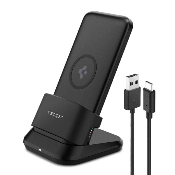 Spigen 3in1 10000mAh Wireless Charging Power Bank with USB-A | USB-C 20W Fast Charging, Included USB-A to USB-C Cable, Lithium Polymer - Black