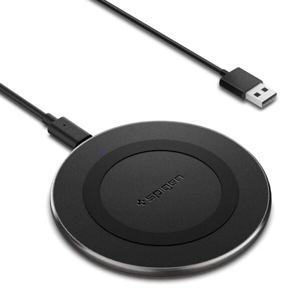 Spigen Essential Wireless Charger for iPhone 14/13/12/11/X.8 Series, Samsung Galaxy S23/S22/S21/S20 OnePlus 9/9 Pro with USB-A to C Type Cable [Version 2] - Black