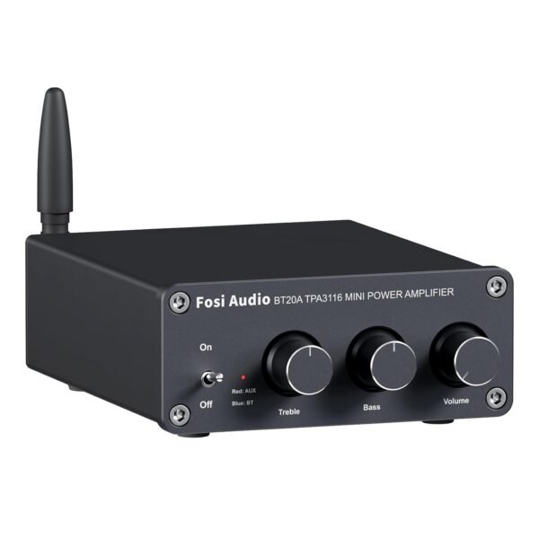 Fosi Audio BT20A Bluetooth 5.0 Stereo Audio 2 Channel Amplifier Receiver Mini Hi-Fi Class D Integrated Amp 2.0 CH for Home Speakers 100W x 2 with Bass and Treble Control TPA3116 (with Power Supply)