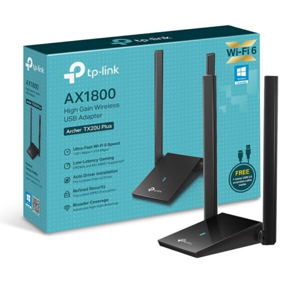 Tp-Link Ax1800 Wi-Fi 6 Dual Antennas High Gain Wireless USB 3.0 Adapter,Dual-Band,Auto Driver,Mu-Mimo,Low- Latency,1-Meter Cable,Supports Windows 10/11,Highly Secure Wpa3 (Archer Tx20U Plus)-Black