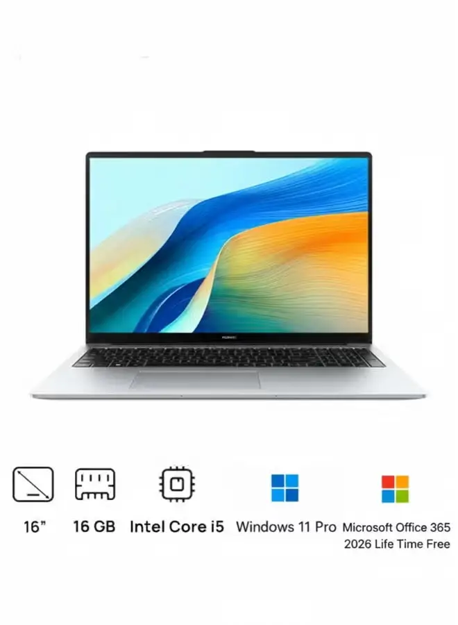 HUAWEI Matebook D16 laptop in Mystic Silver, open to reveal 16-inch Full HD display and keyboard.